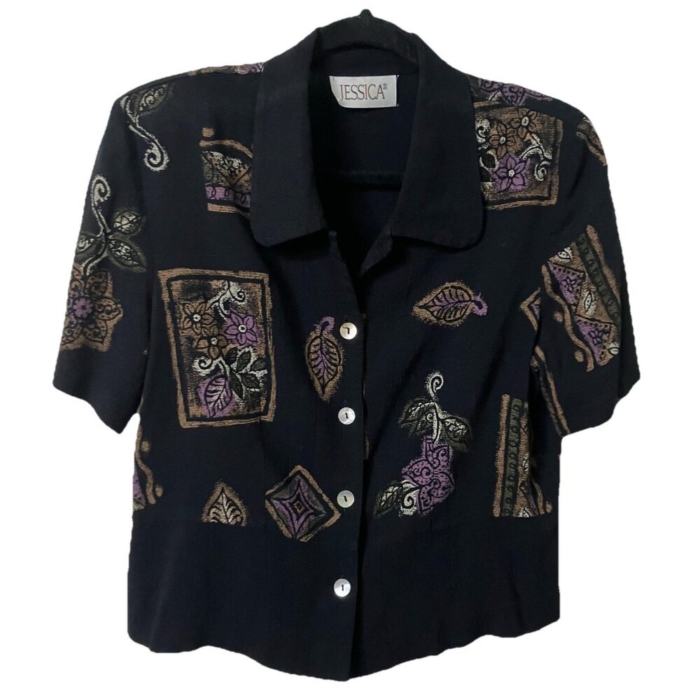 Vintage Jessica Blouse‎ Womens Cropped Abstract Blouse Rayon 90s Boho